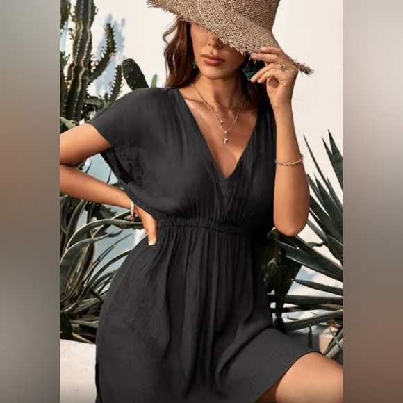 Cupshe Other - Cupshe Delina Black Plunge Elastic Waist Bikini Cover-up Dress, L, New